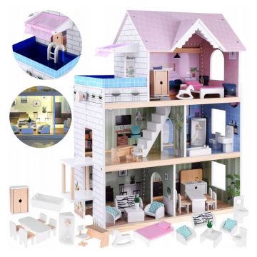 Casuta de papusi, Jokomisiada, Cu 3 etaje, Cu mobila, Piscina, Lift, Lumina Led, Din lemn, 3 ani+, Multicolor